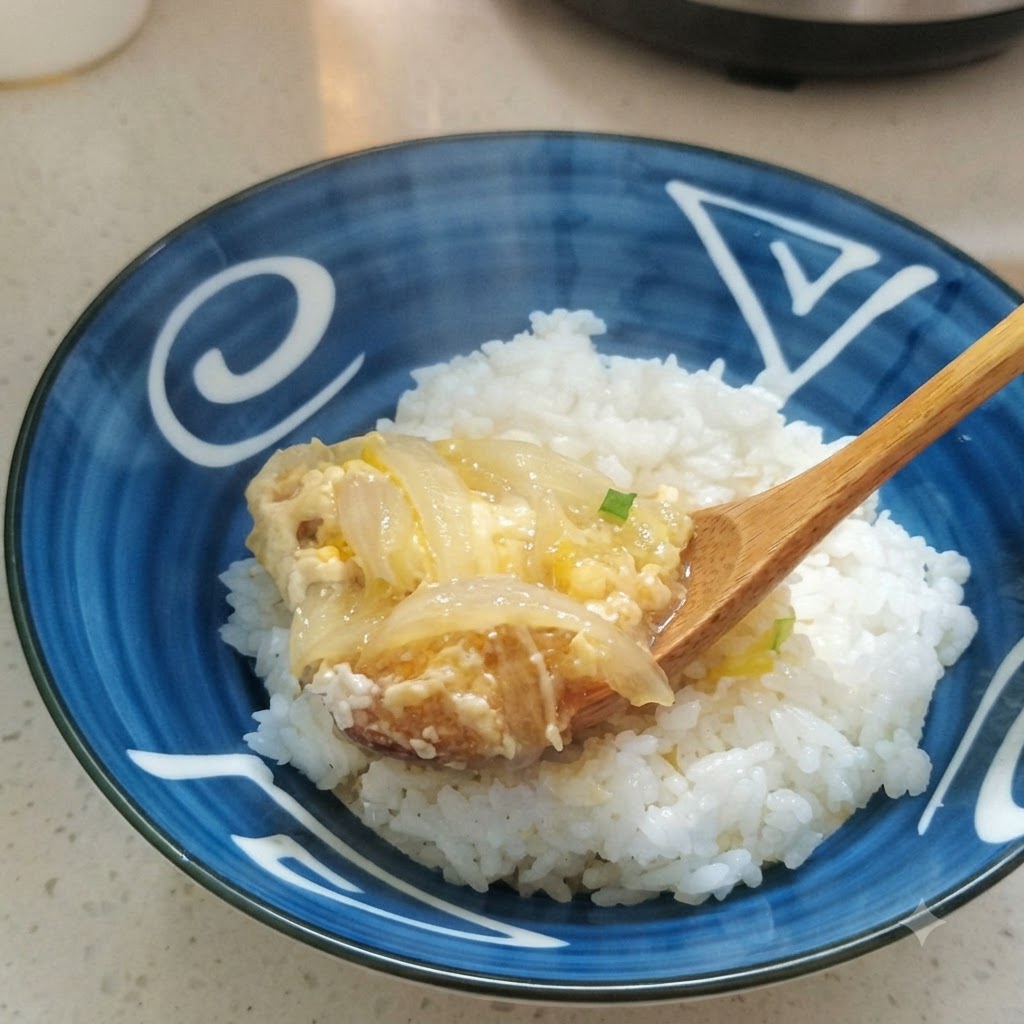 The cooked chicken, egg, and onion mixture being served over a bowl of white rice.