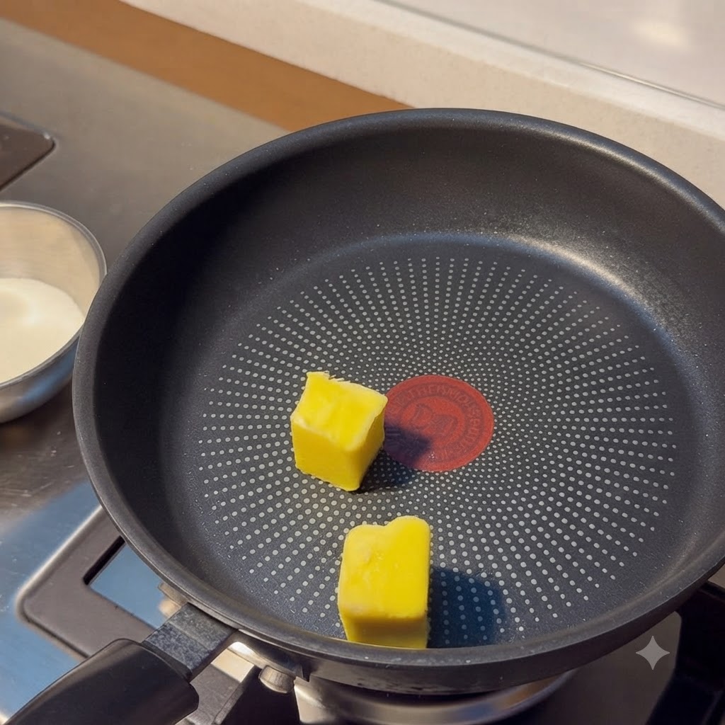 Butter melting inside a black non-stick frying pan on a stove.