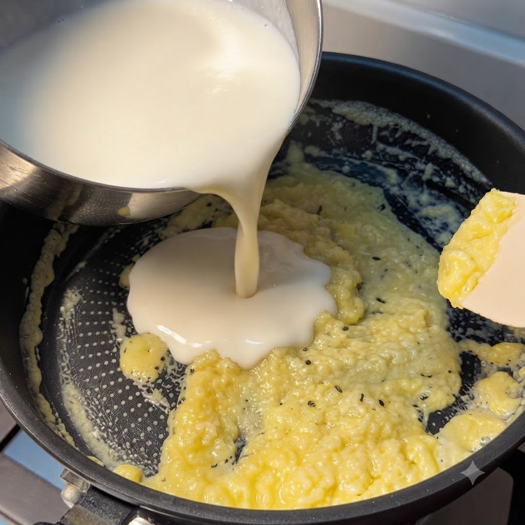 Warm milk being poured from a steel container into a pan containing a yellowish roux mixture.