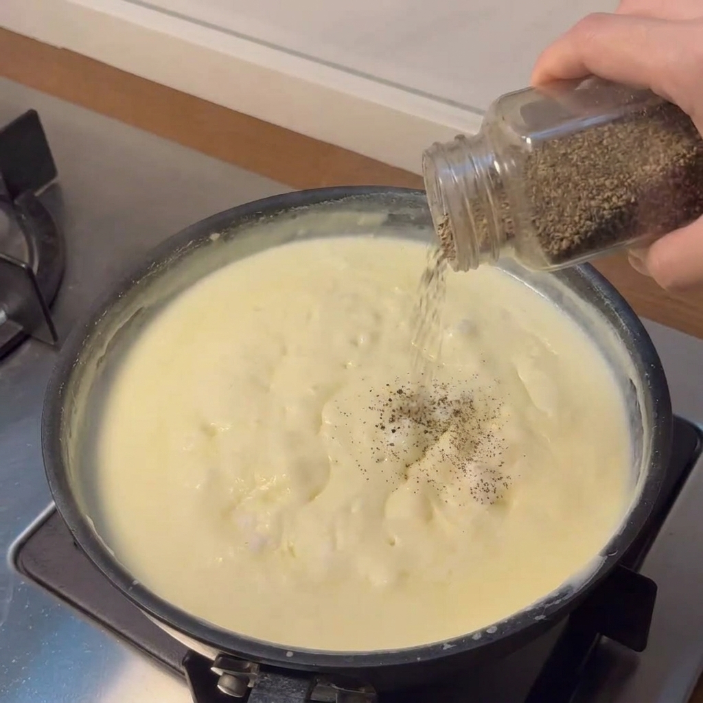 Black pepper being shaken from a glass jar onto a creamy white sauce cooking in a pan.