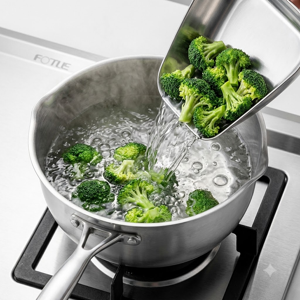 Broccoli florets being poured from a steel scoop into a pot of boiling water.