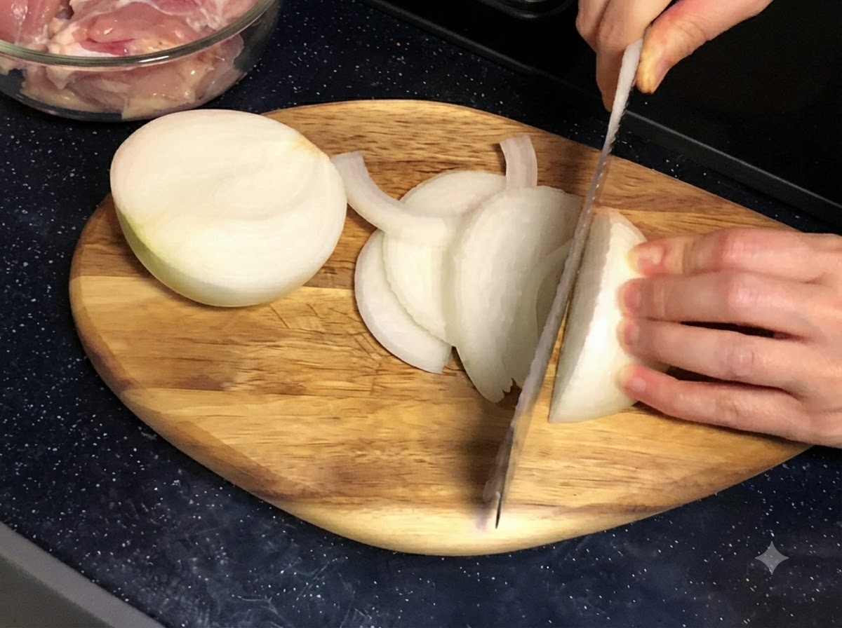 A hand slicing a white onion into thin strips on a wooden cutting board using a knife.