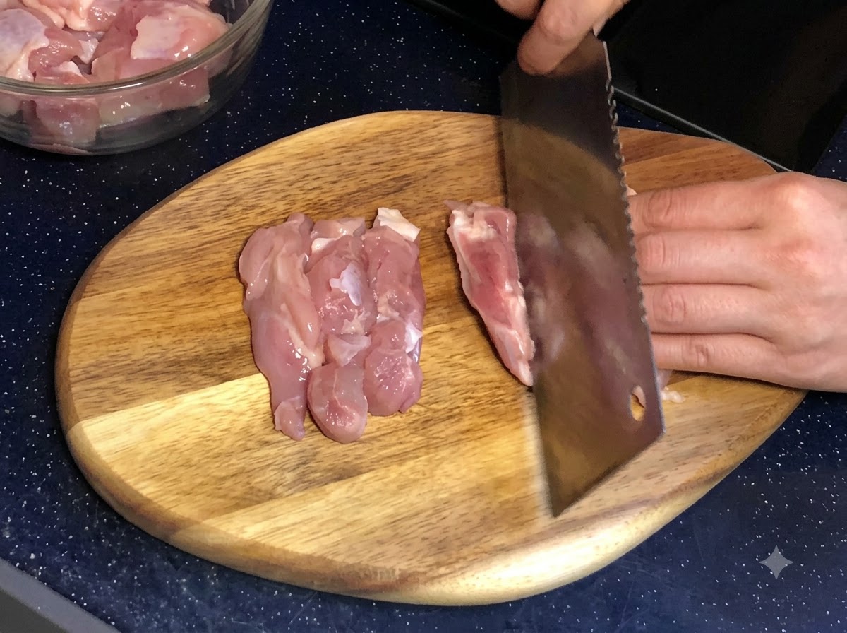 Hands using a cleaver to slice raw chicken thigh meat into pieces on a wooden cutting board.
