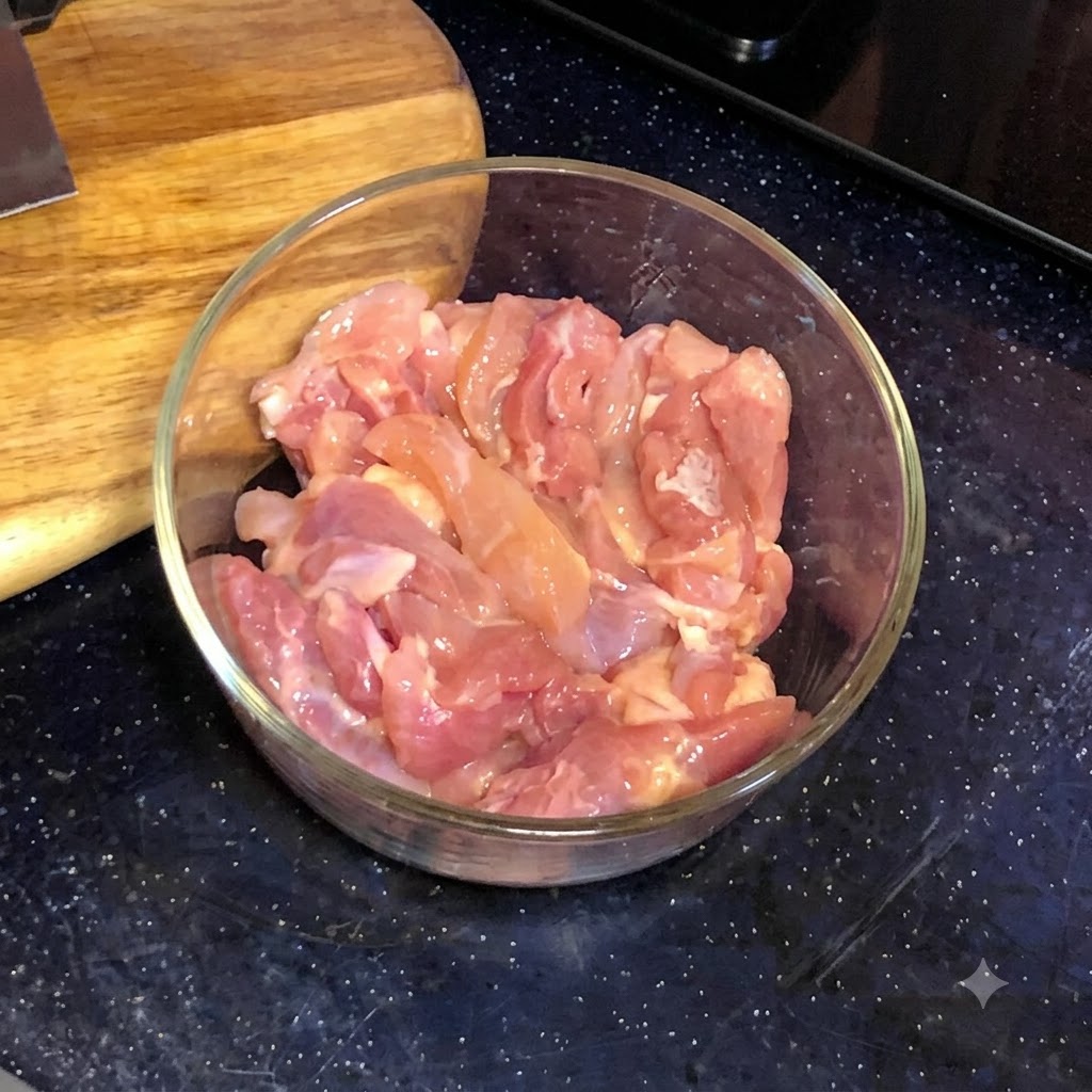 Bite-sized pieces of raw chicken thigh meat sitting in a round glass bowl.