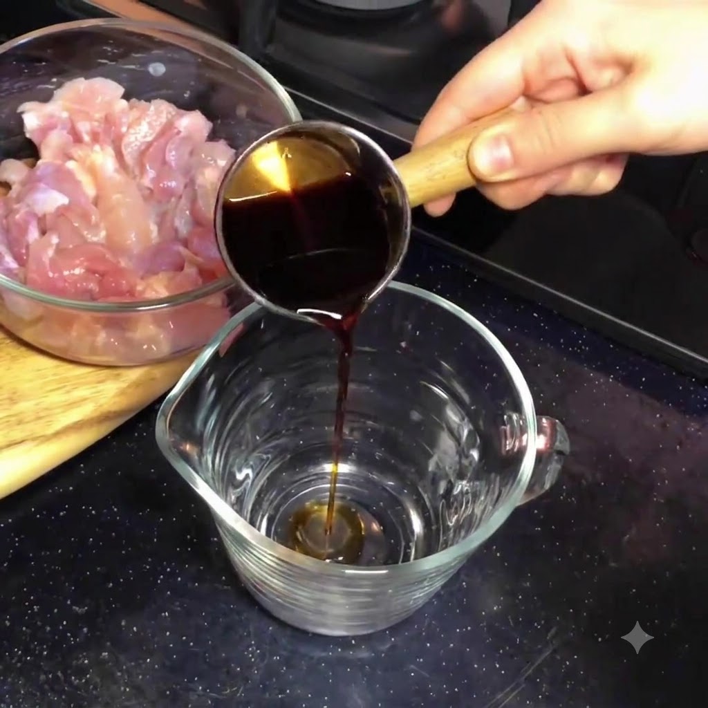 Dark sukiyaki sauce being poured from a small metal measuring cup into a larger clear glass pitcher.