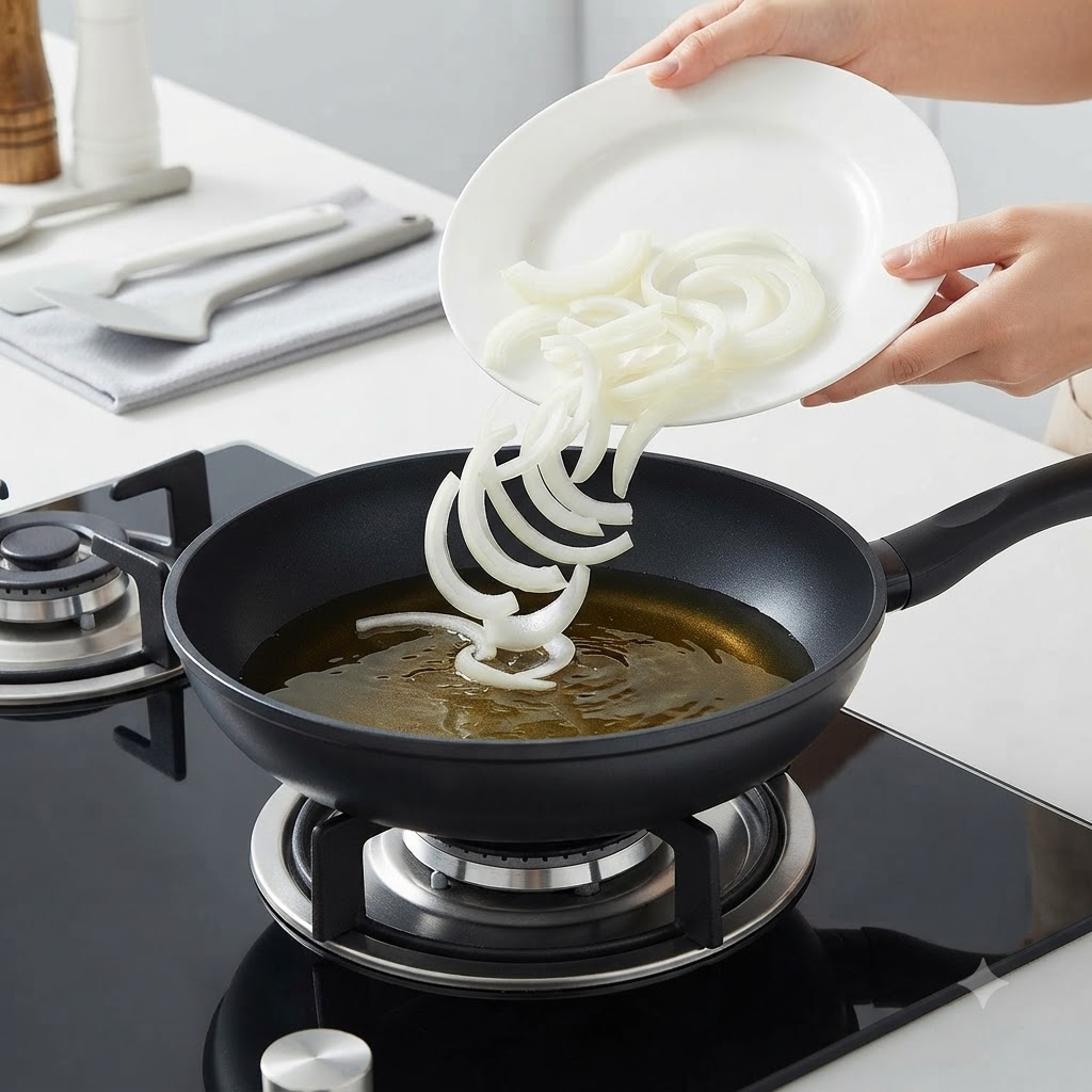 Slices of white onion being poured from a white plate into a black skillet on a stovetop.