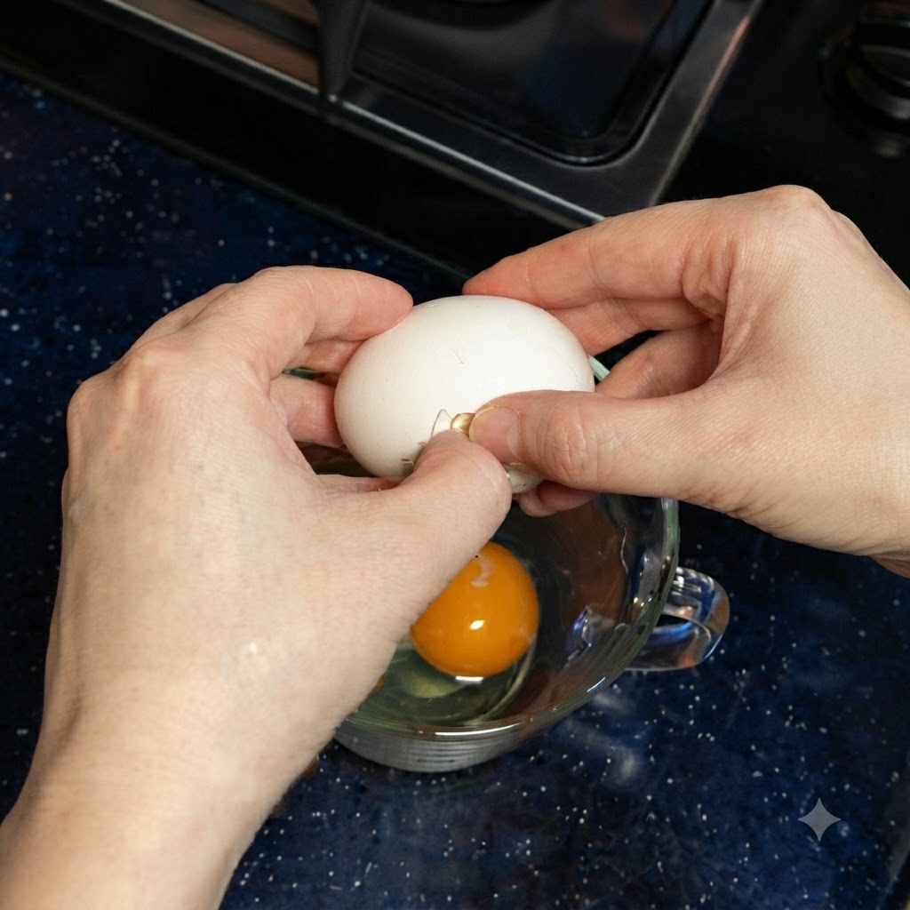 Hands cracking a white egg shell into a glass measuring cup that already contains one raw egg yolk and white.