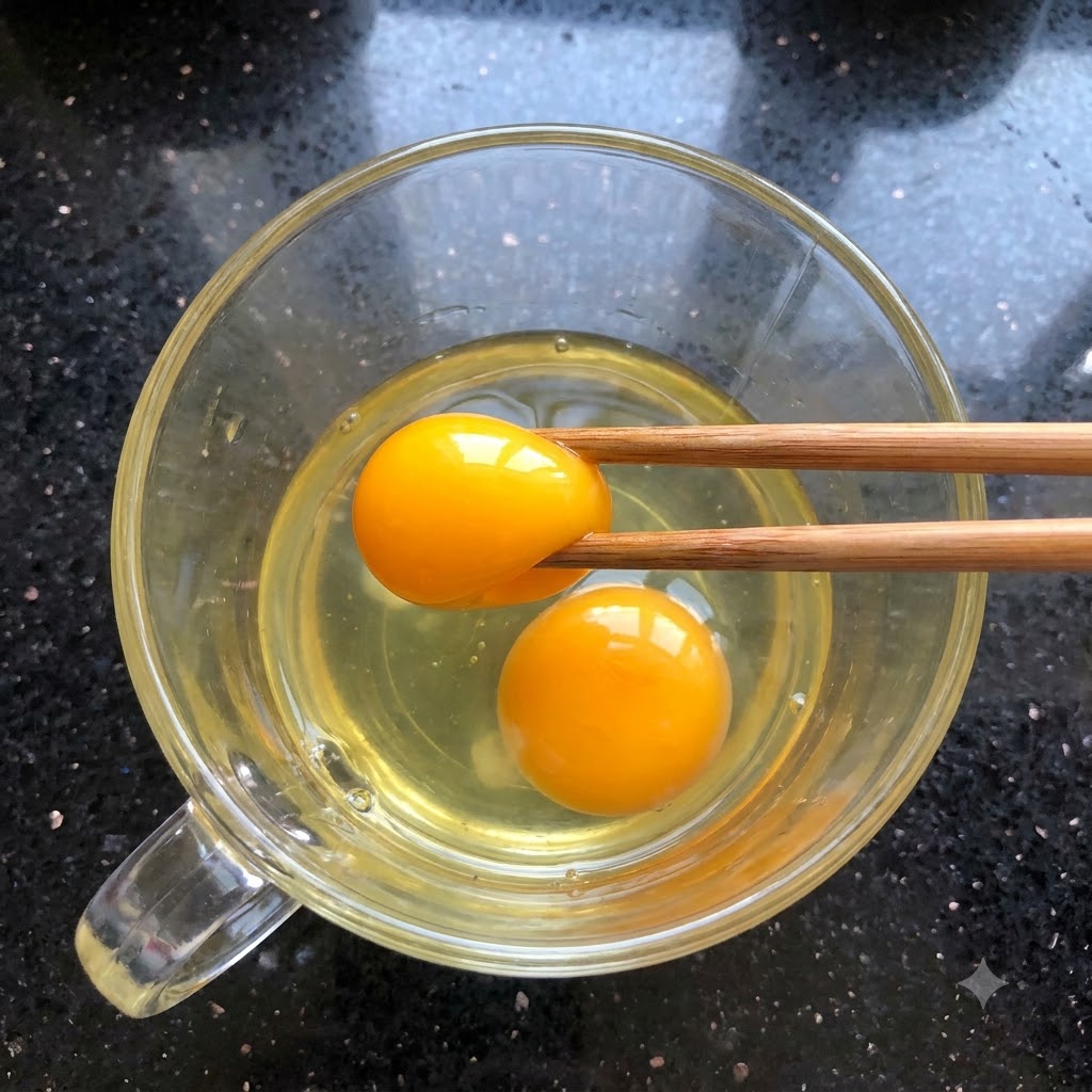 Two whole egg yolks resting in liquid egg whites inside a glass cup, held by a pair of wooden chopsticks.