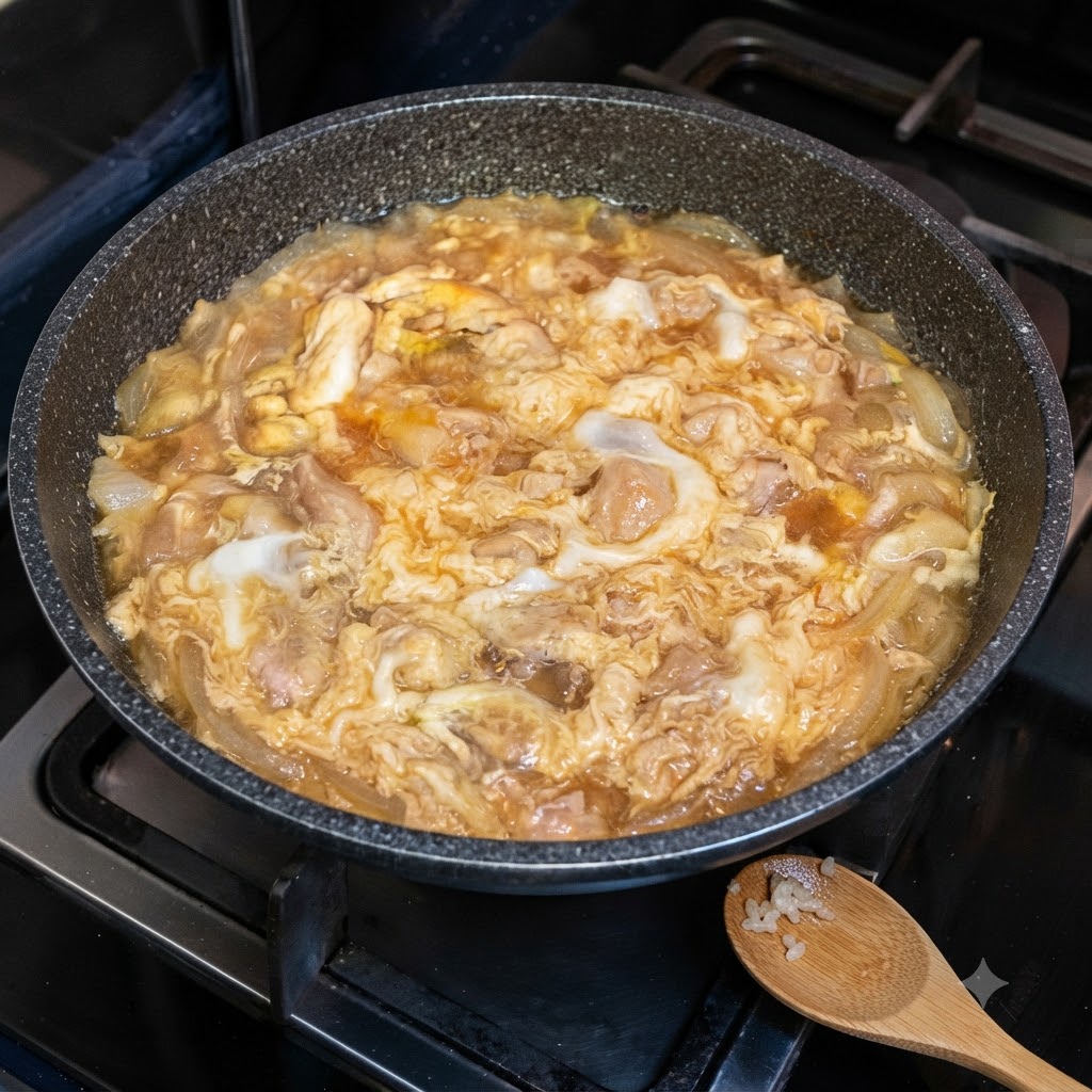 Simmering chicken and onion mixture in a pan, coated with partially set beaten eggs.