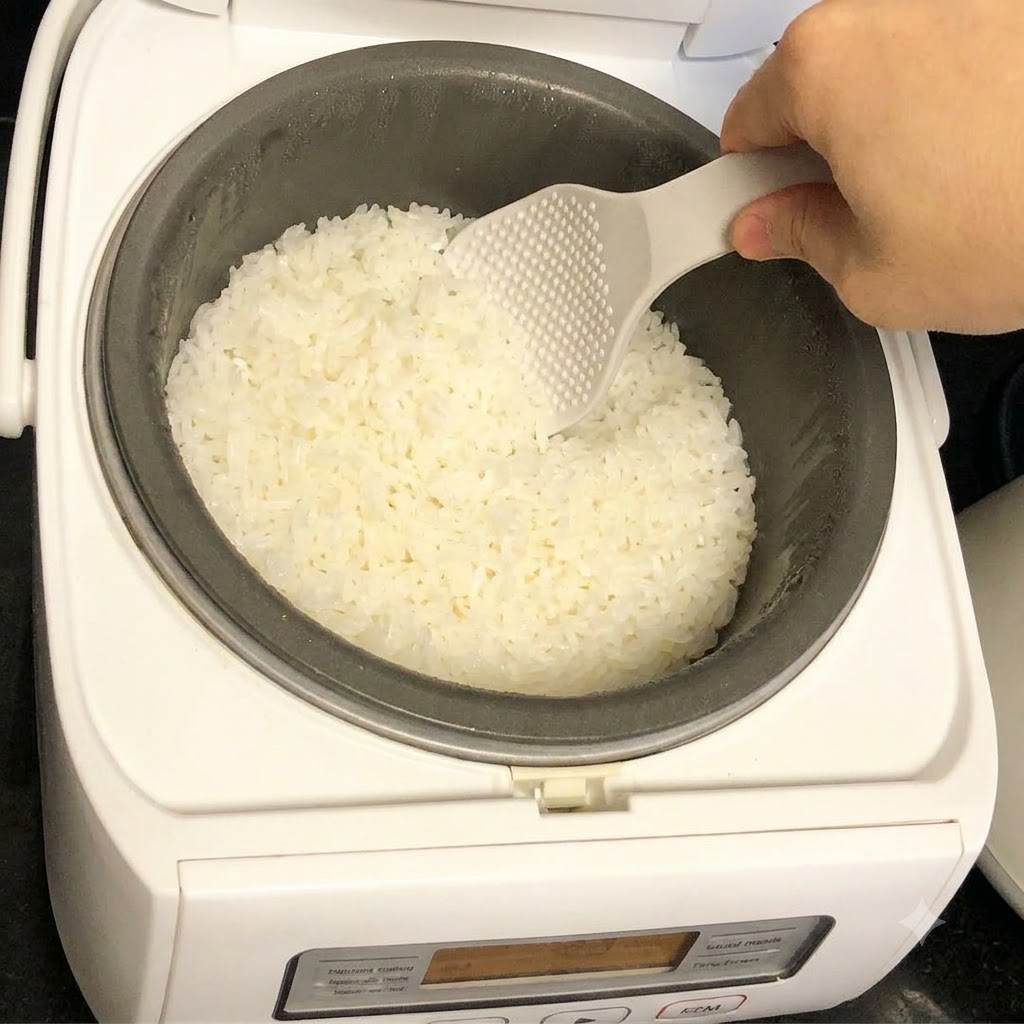 A hand using a white rice paddle to scoop white rice from the inner pot of a rice cooker.