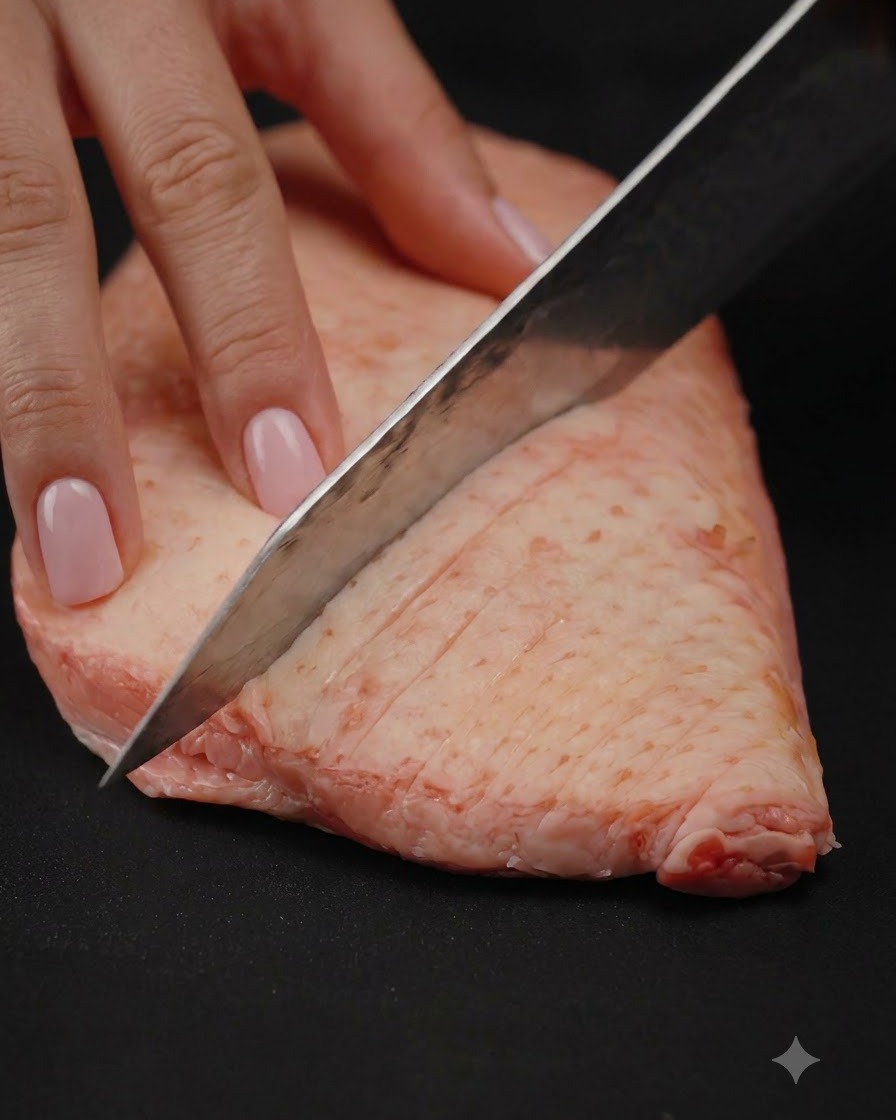 A close-up shot of a sharp chefs knife scoring a diamond pattern into the thick fat layer of a raw duck breast.