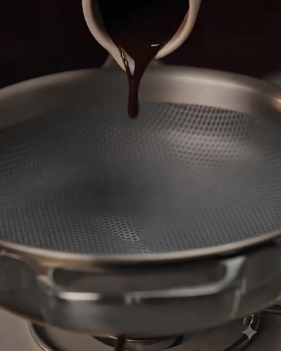 Dark sauce ingredients being poured and mixed into a metal pan on the stove, including honey and grated ginger.