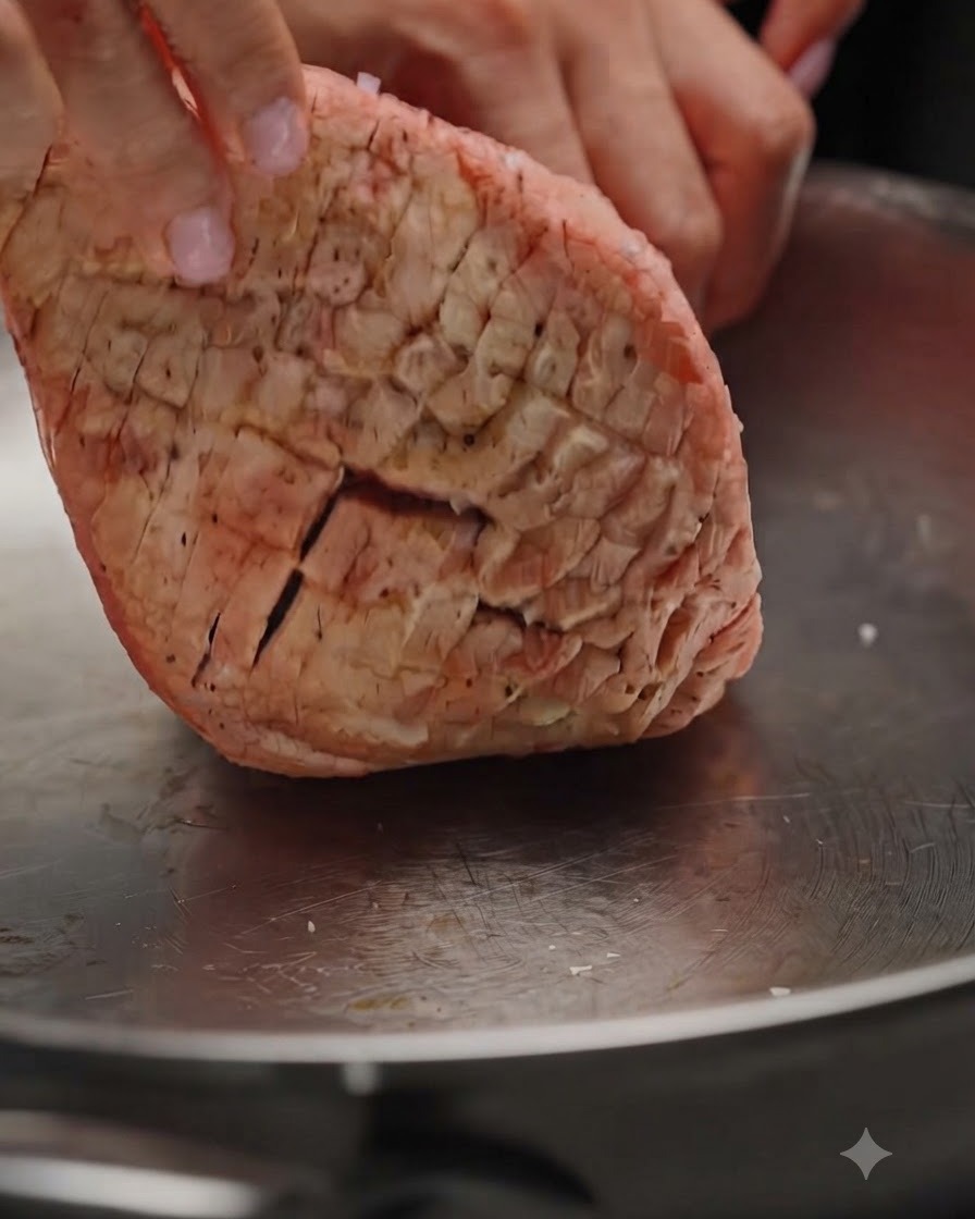 The scored duck breast being laid skin-side down into a dry, cold stainless steel pan.