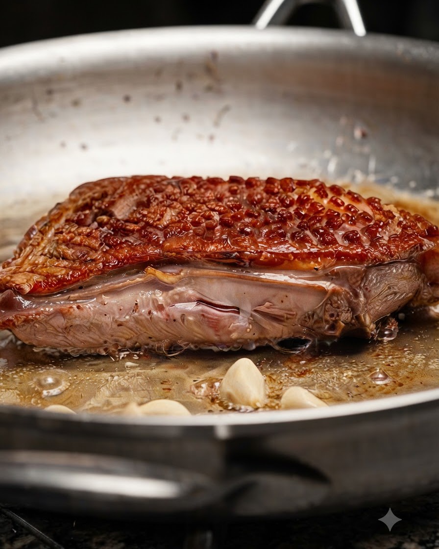 A pan containing a seared duck breast, bubbling butter, smashed garlic cloves, and fresh herb sprigs.