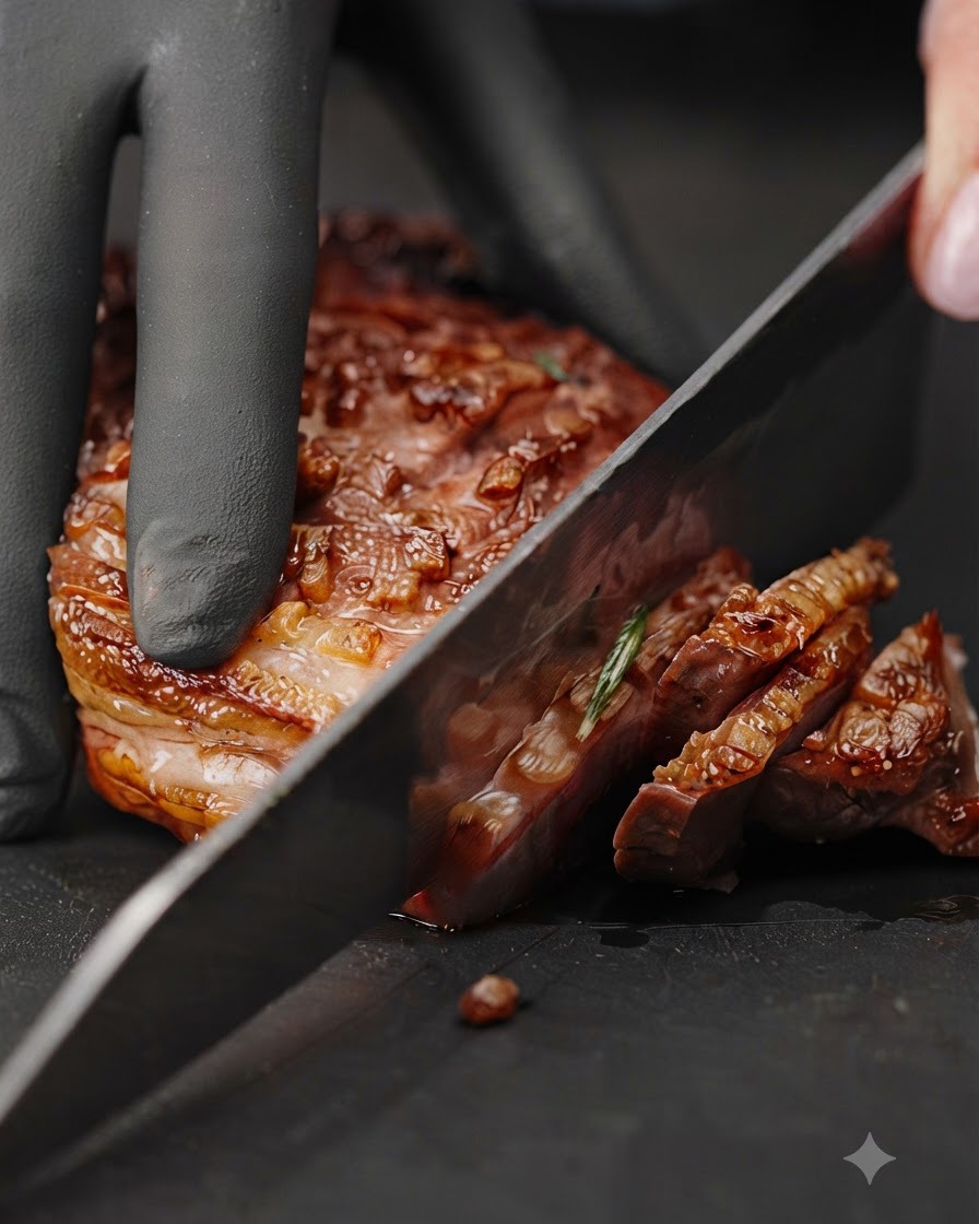 A chef wearing black gloves slicing a resting duck breast on a dark cutting board, showing a pink center.