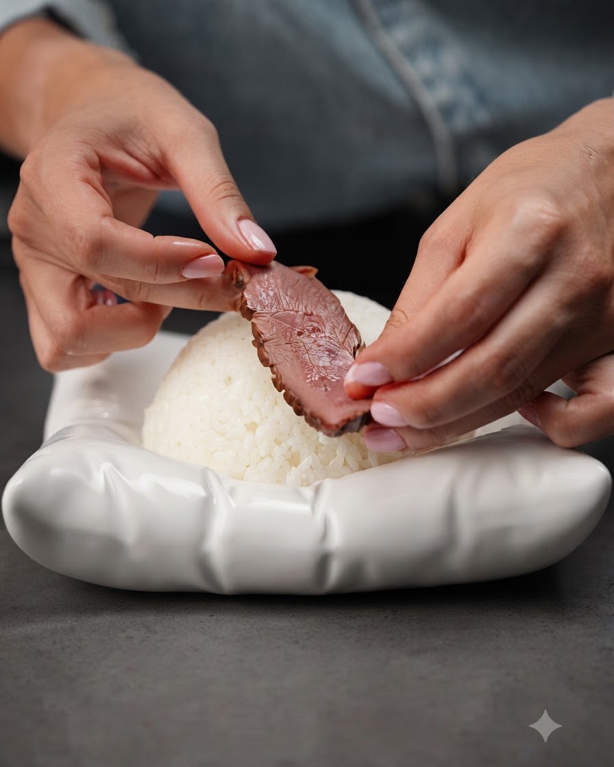 A slice of cooked duck breast being placed on top of a molded mound of white rice in a white bowl.