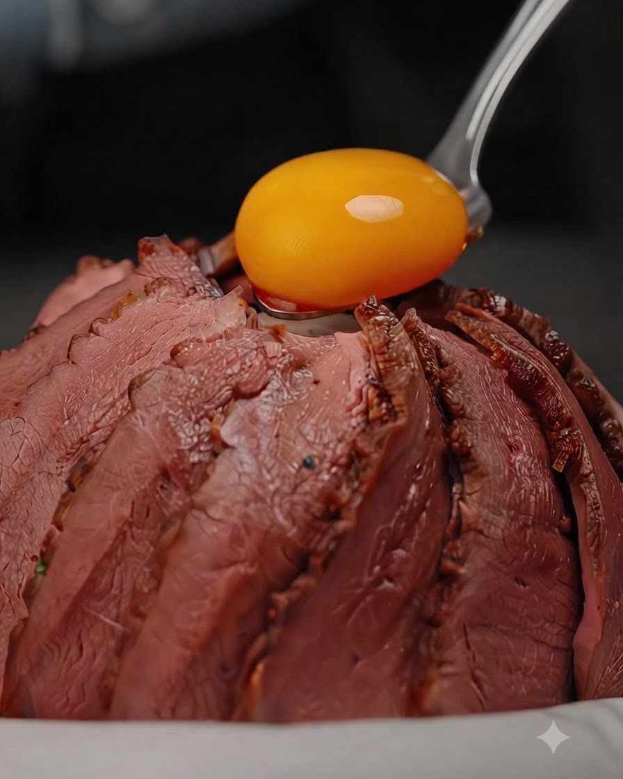 A vivid yellow cured egg yolk resting delicately atop neatly fanned slices of medium-rare duck breast on a rice bowl, garnished with green chives.