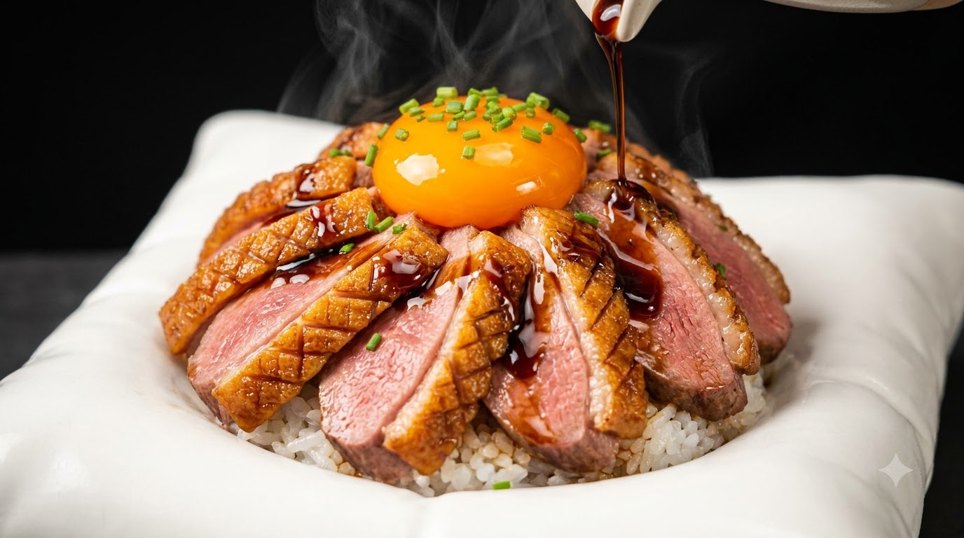 Japanese Seared Crispy Duck Donburi with Cured Egg Yolk