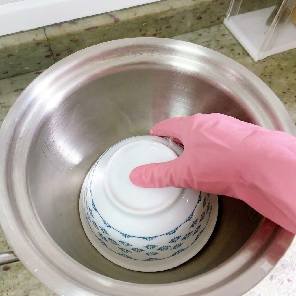 A gloved hand placing a small blue and white ceramic bowl upside down in the center of the metal pot.
