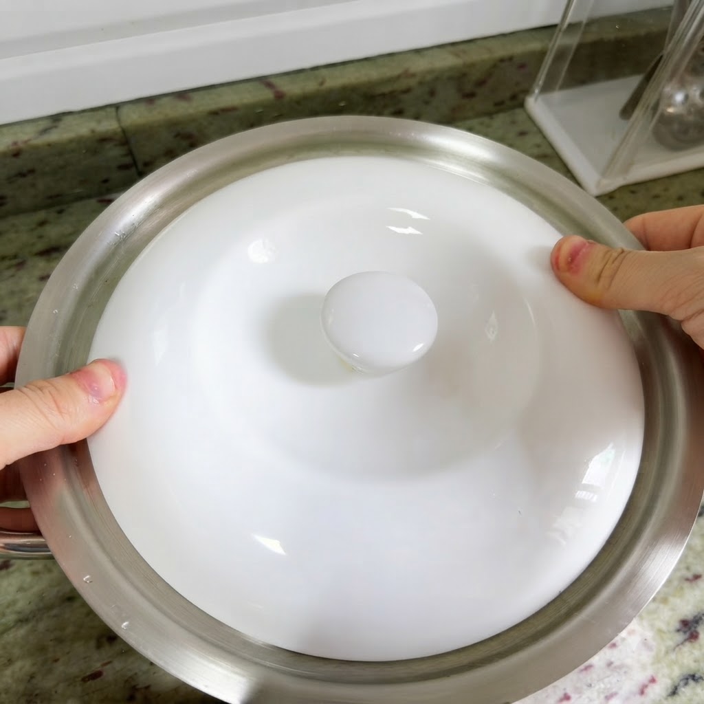 Hands placing a white ceramic lid onto the large metal pot containing the duck.