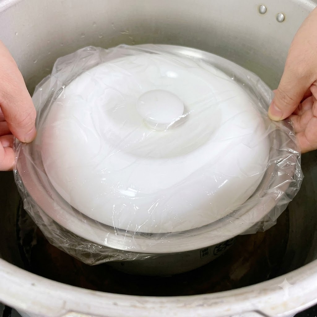 The plastic-wrapped, sealed metal pot being carefully lowered into a large pressure cooker.