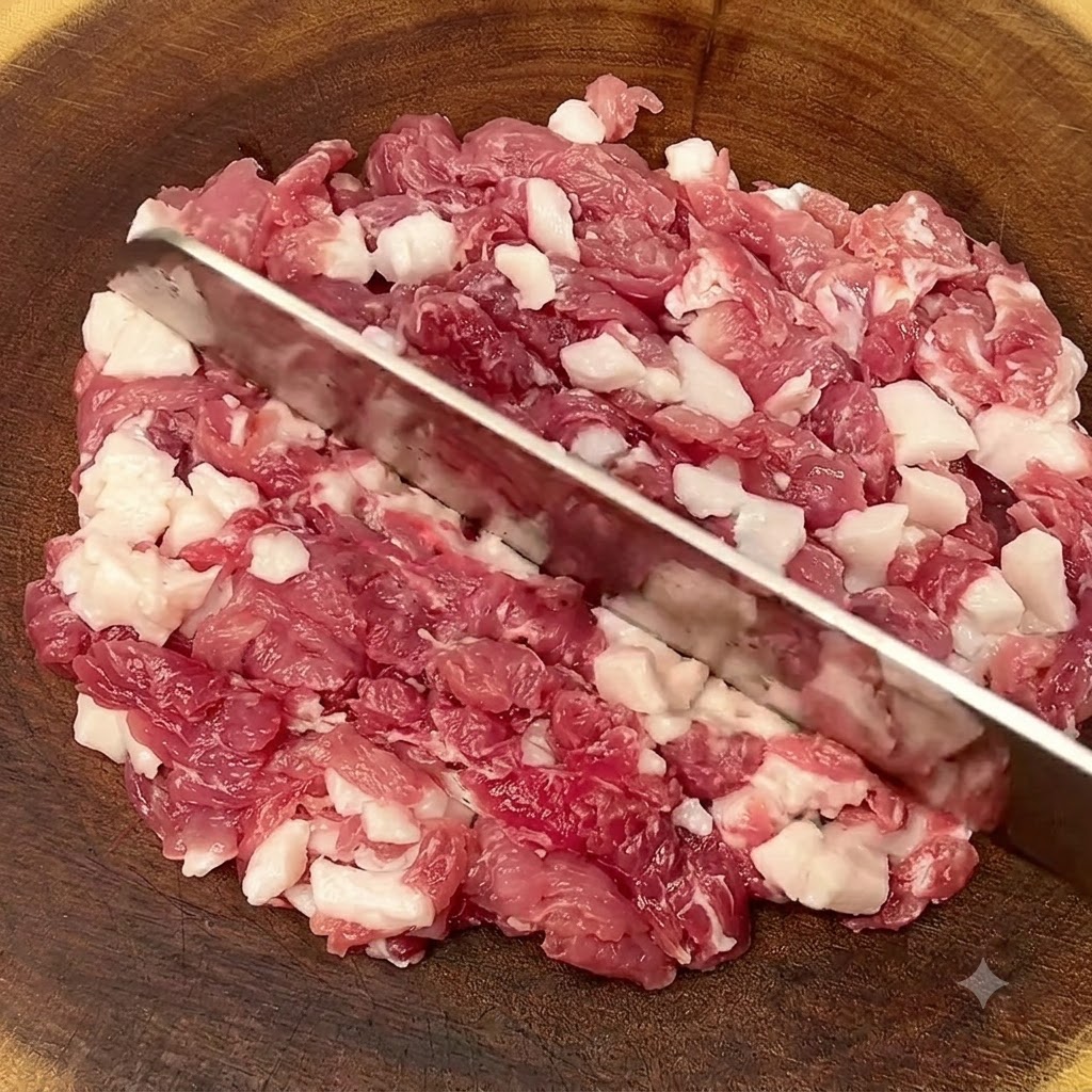 Raw pork shoulder being chopped into fine pieces on a wooden cutting board with a large cleaver.