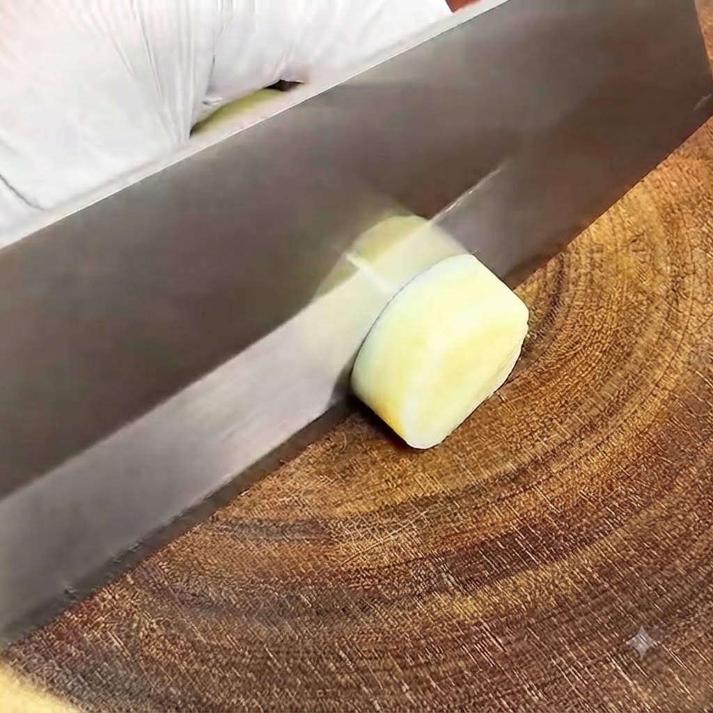A yellow tube of Japanese tofu being sliced into thick rounds with a knife on a wooden board.
