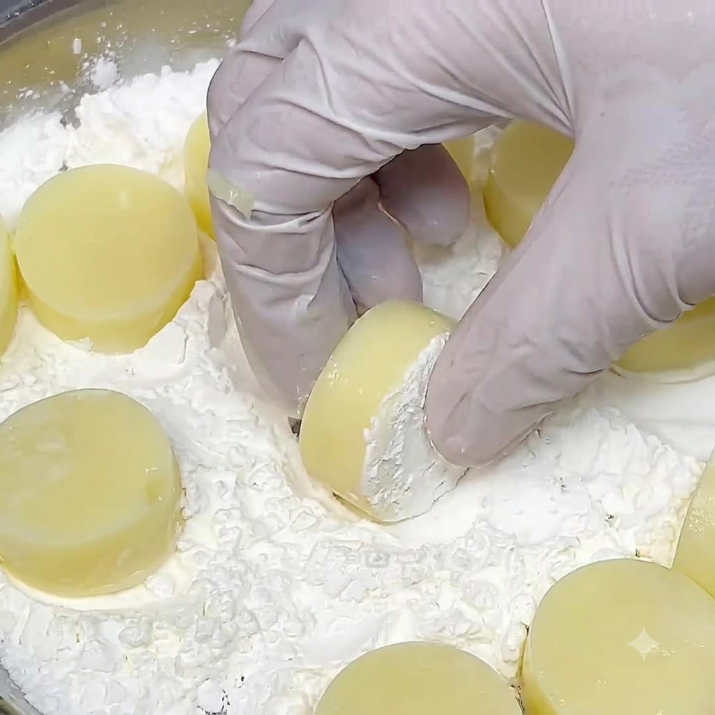 Slices of Japanese tofu being coated in a layer of white cornstarch inside a metal basin.