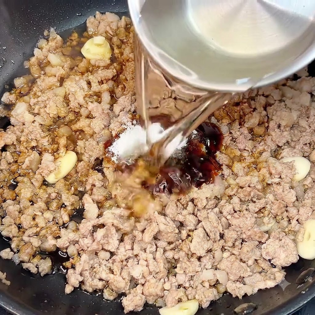 Water and liquid seasonings being poured from a metal bowl into the pan containing browned minced pork and garlic.
