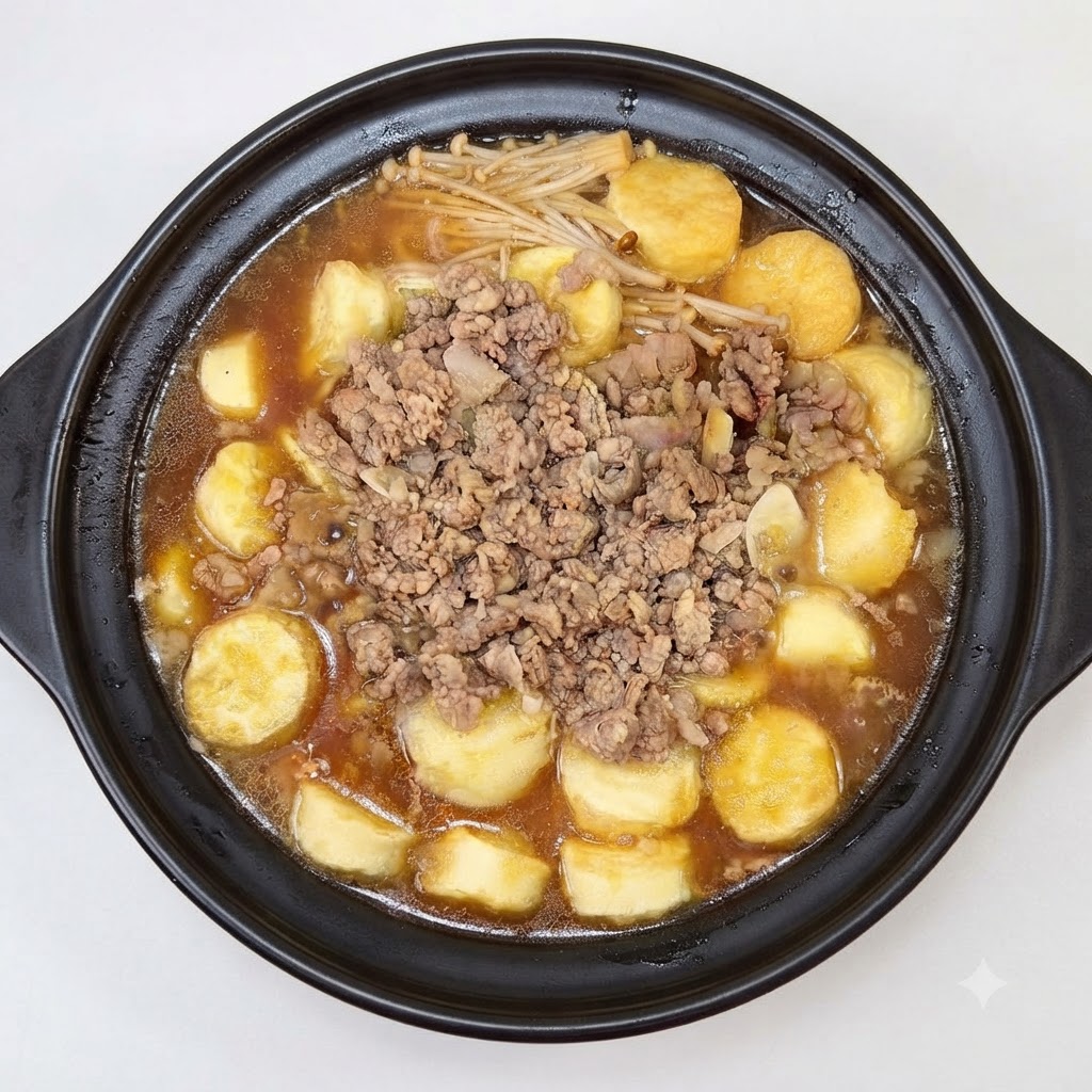 A black clay pot filled with layered tofu, enoki mushrooms, and minced pork simmering in broth.