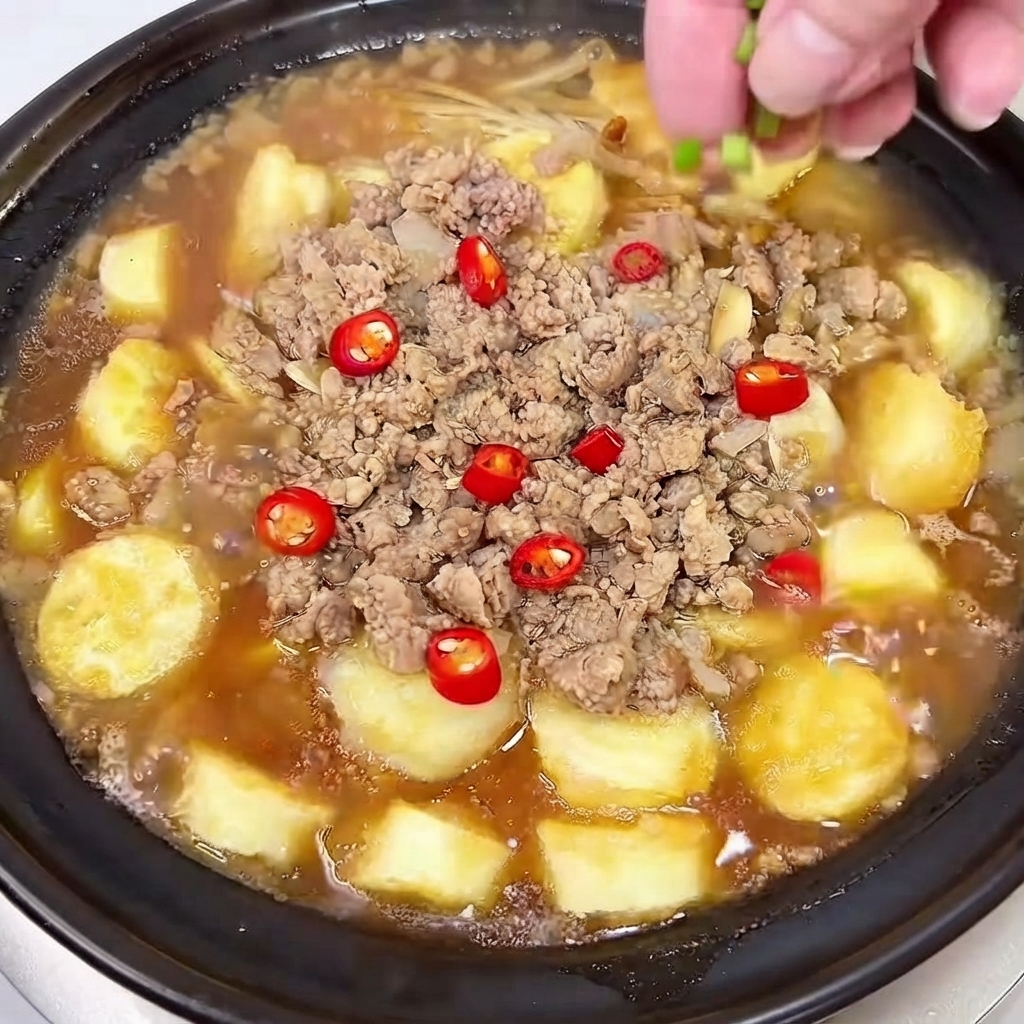 A hand sprinkling chopped green onions and red chili slices over the simmering clay pot dish.