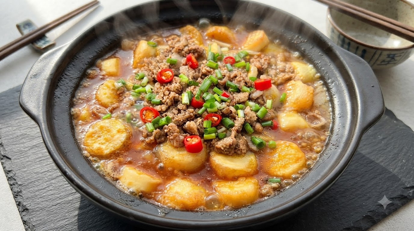 A bubbling clay pot filled with golden Japanese tofu, savory minced pork, enoki mushrooms, and fresh chili garnish