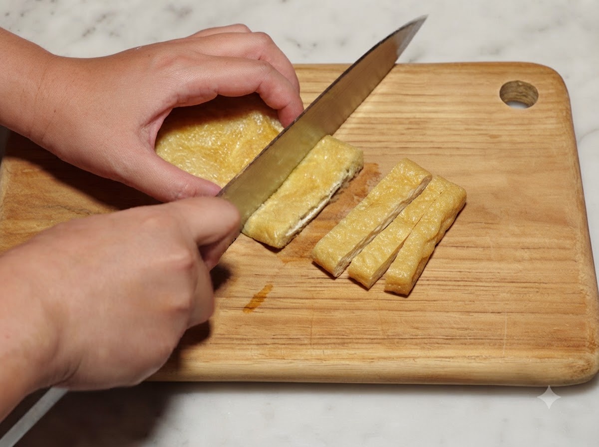 A piece of fried tofu pouch being sliced into long strips with a knife on a wooden board.