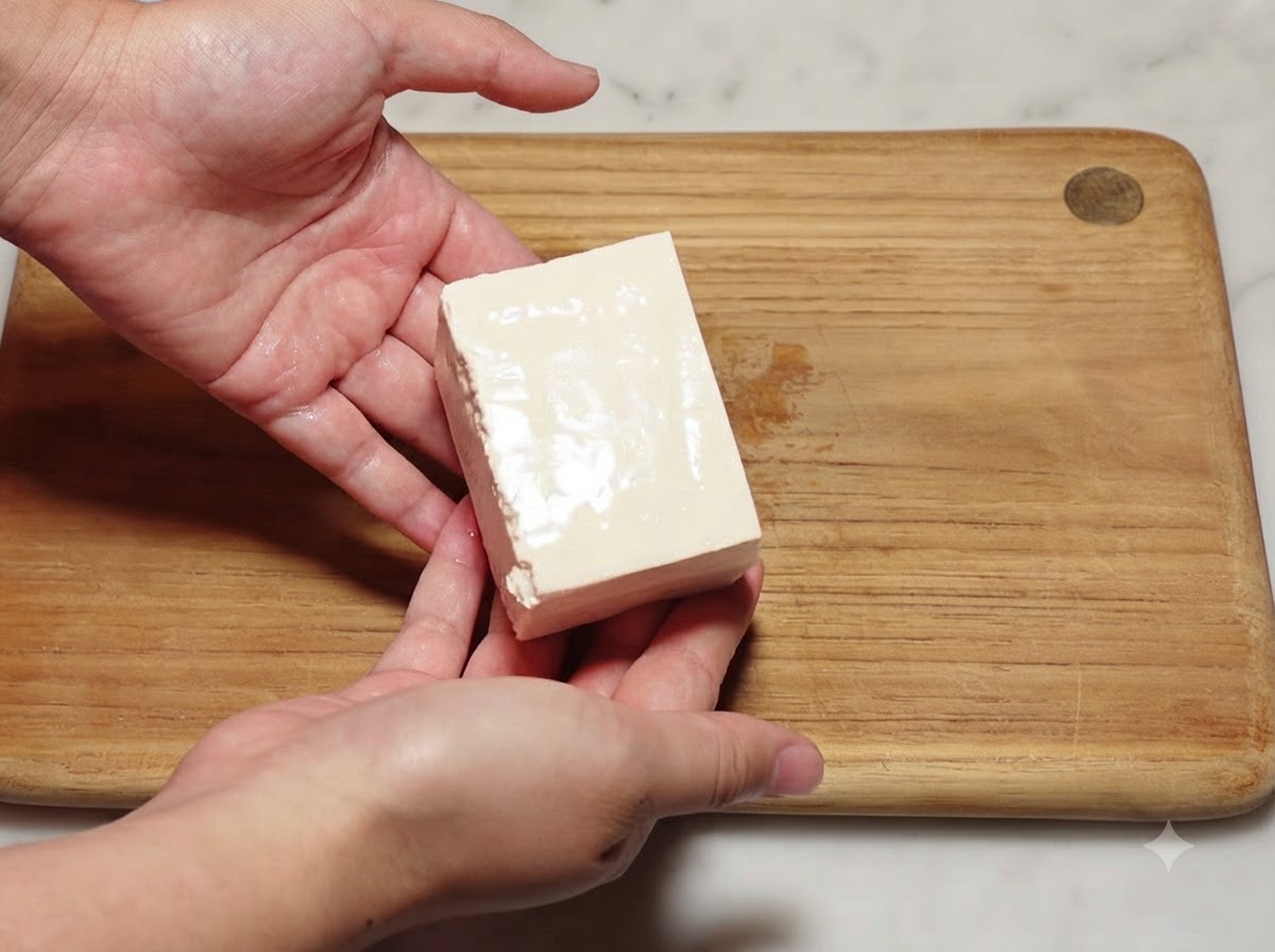 A half block of soft tofu resting on a wooden cutting board before being cubed.