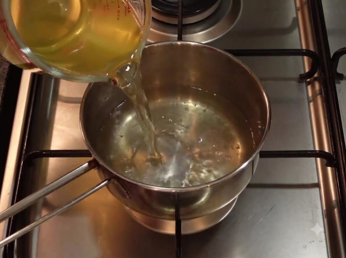 Clear kelp and bonito broth being poured from a measuring cup into a stainless steel pot on a gas stove.