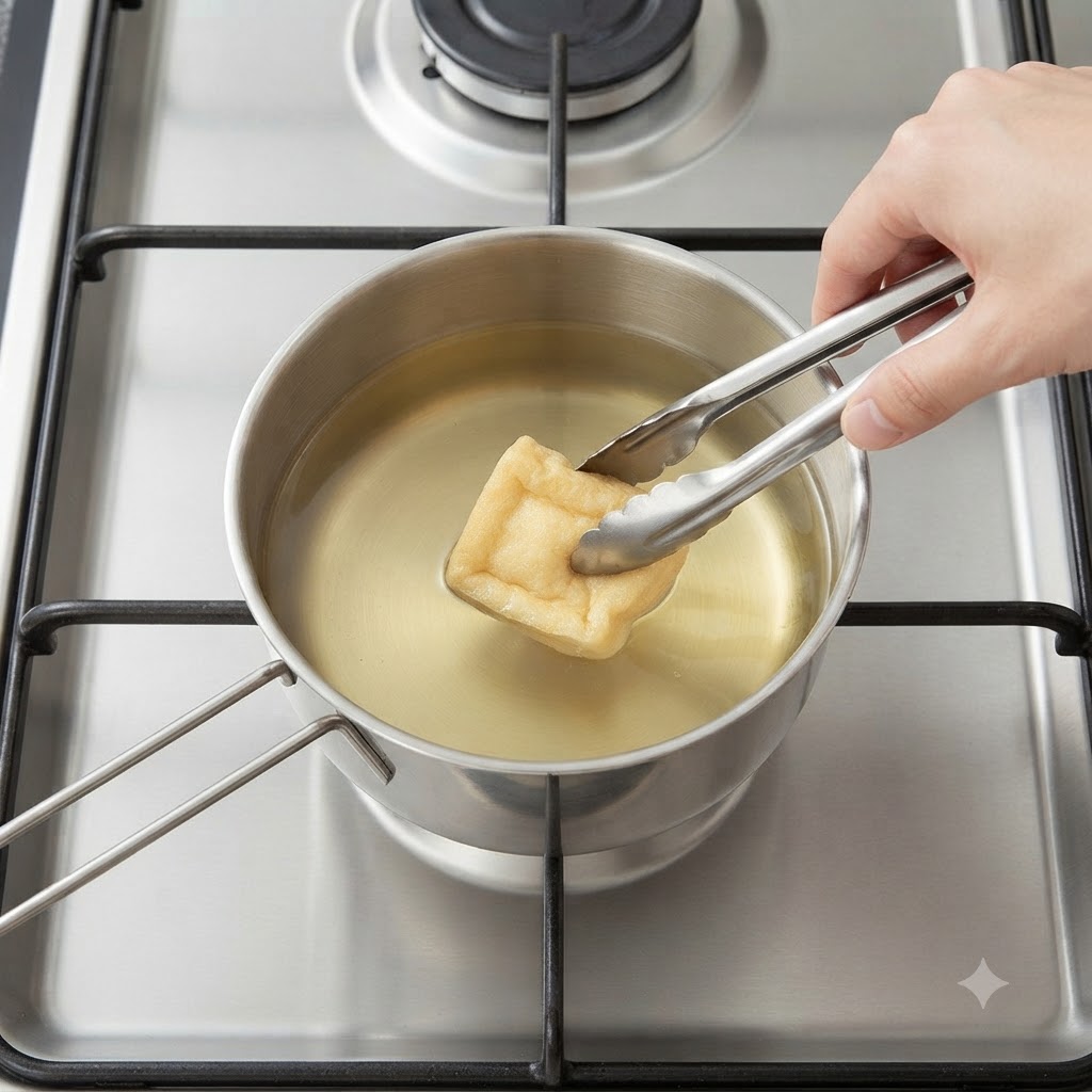 A piece of aburaage being lowered with tongs into a pot of broth on the stove.