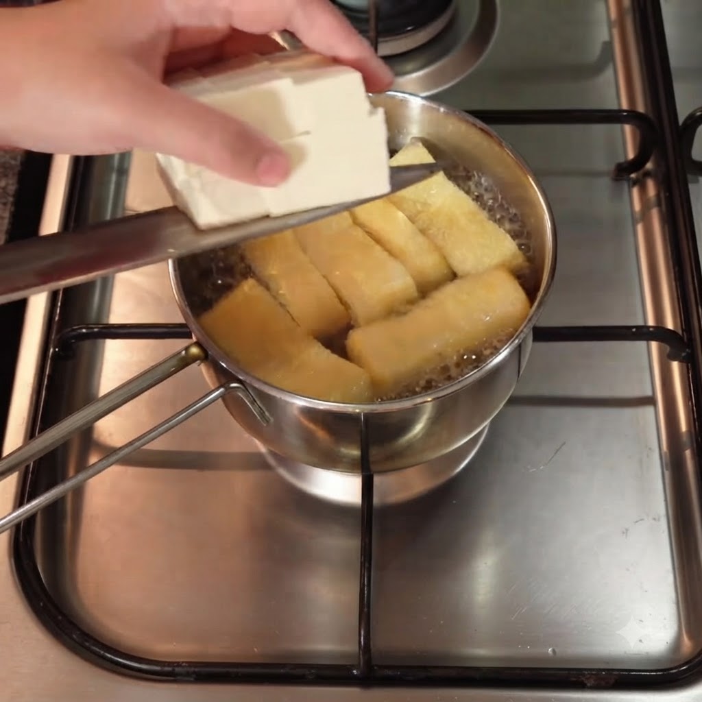 Cubes of soft tofu being slid off a knife into a bubbling pot of soup containing aburaage strips.