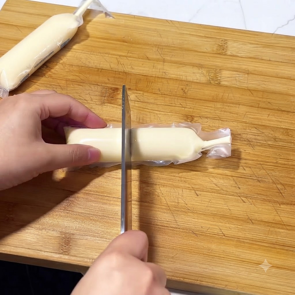 Japanese tofu tubes being sliced into thick round pieces on a wooden cutting board using a kitchen knife.