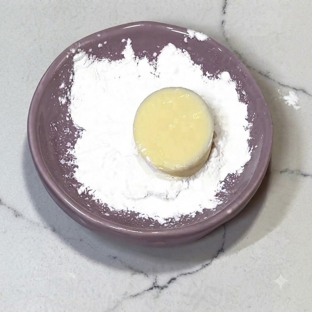 A slice of Japanese tofu sitting on a purple plate covered with a layer of white starch.