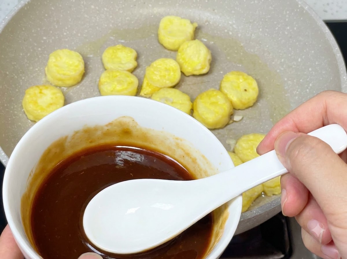 A white bowl containing a dark brown sauce being poured with a spoon into a pan of fried tofu slices.