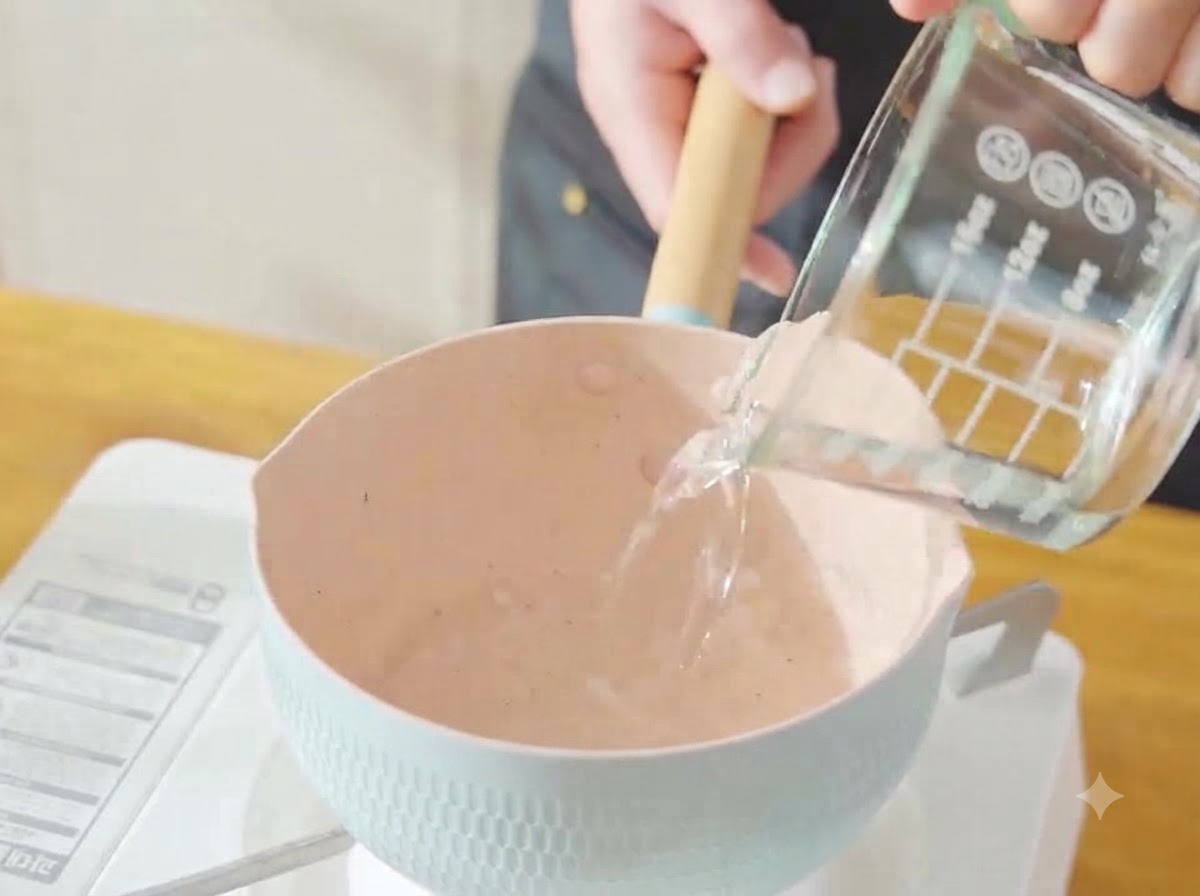 Pouring clear water from a glass measuring cup into a pink pot on a portable stove.