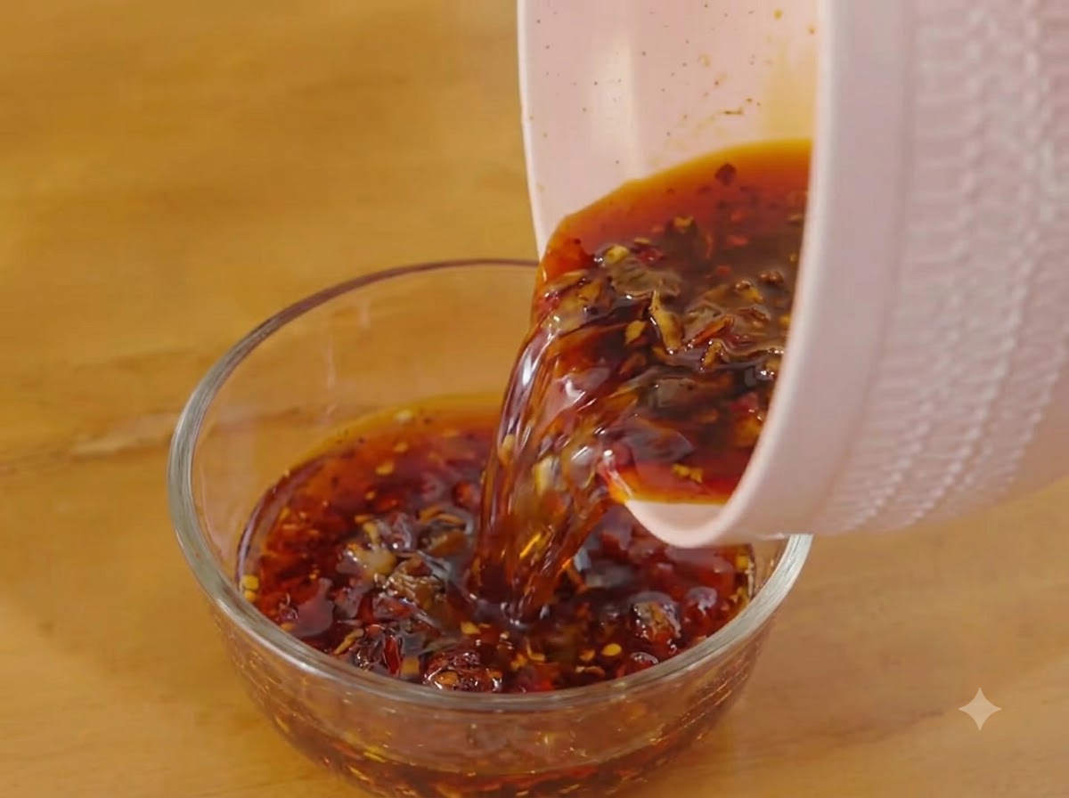 Pouring the warm, seasoned sauce from the pink pot into a clear glass bowl.