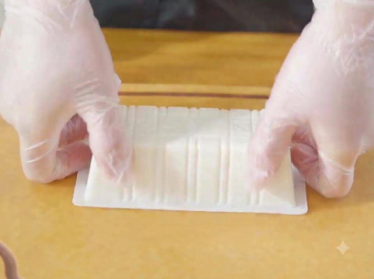 A pair of gloved hands removing a block of white silken tofu from its plastic container onto a wooden board.