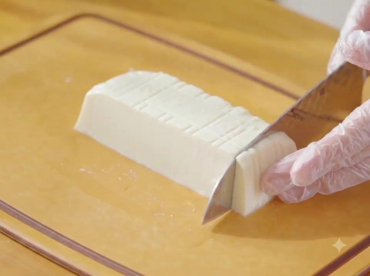 A knife slicing through a block of white silken tofu on a wooden cutting board.