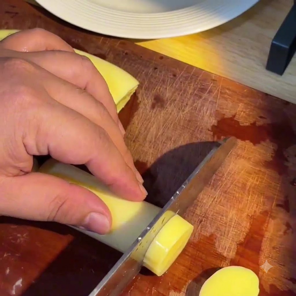 A hand holding a cleaver slicing a cylinder of yellow Japanese tofu into uniform round pieces on a wooden cutting board.