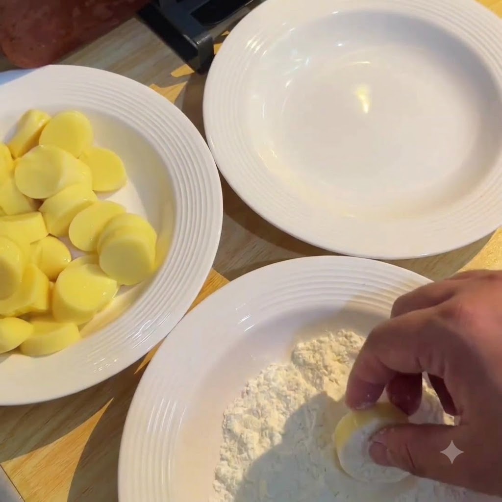 A hand gently pressing a slice of yellow Japanese tofu into a white plate filled with dry cornstarch.