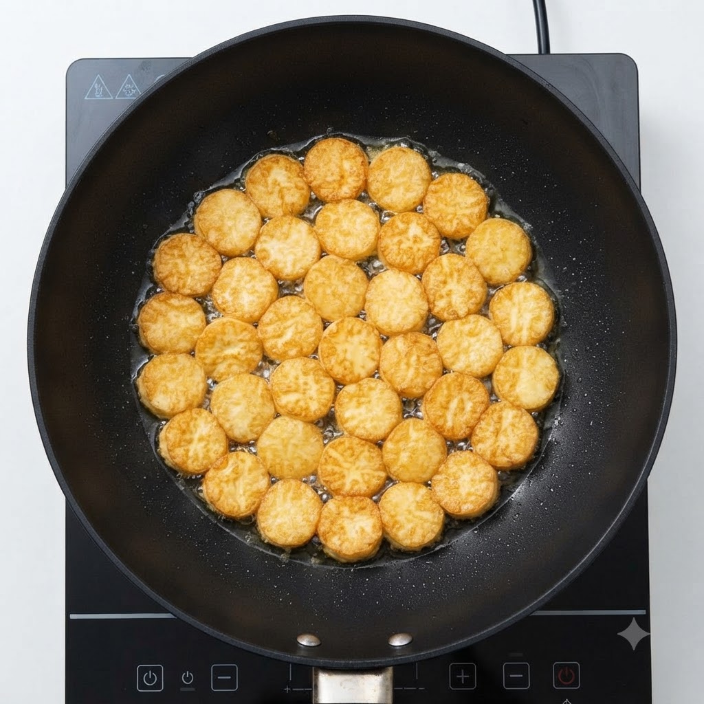 Many golden-brown pan-fried tofu rounds sizzling evenly across a black wok over a heating element.