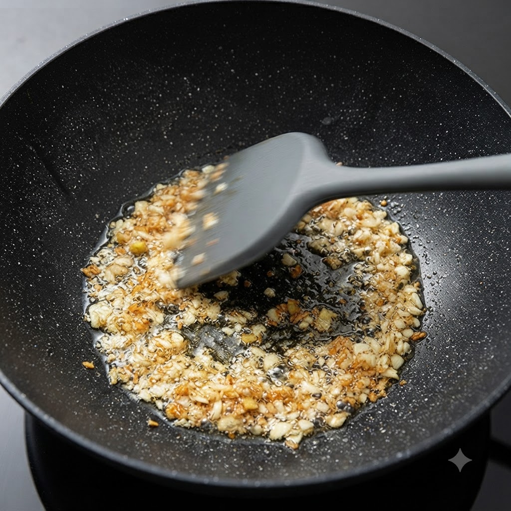 Minced garlic and meat sizzling in a black wok, being stirred with a dark silicone spatula.