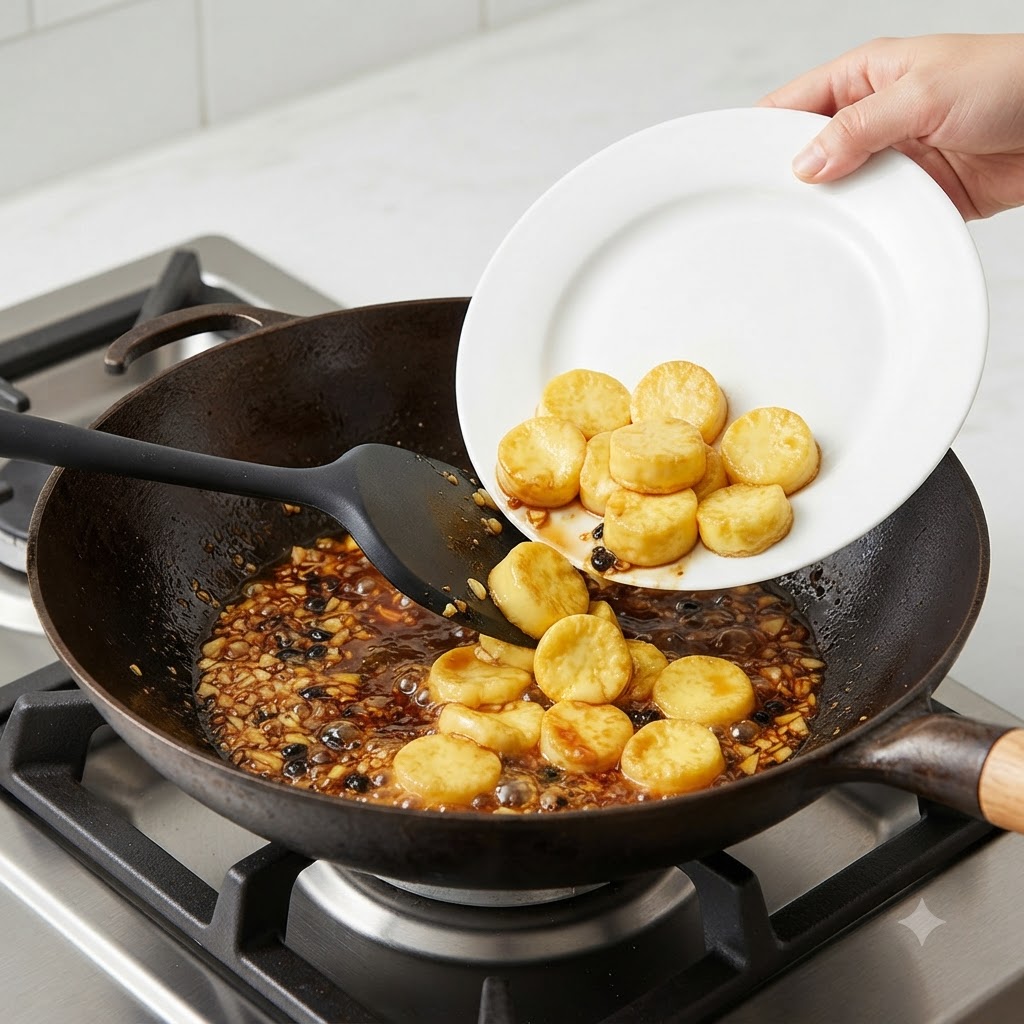 Pre-fried golden tofu slices being transferred from a white plate into a bubbling sauce mixture inside a dark wok.