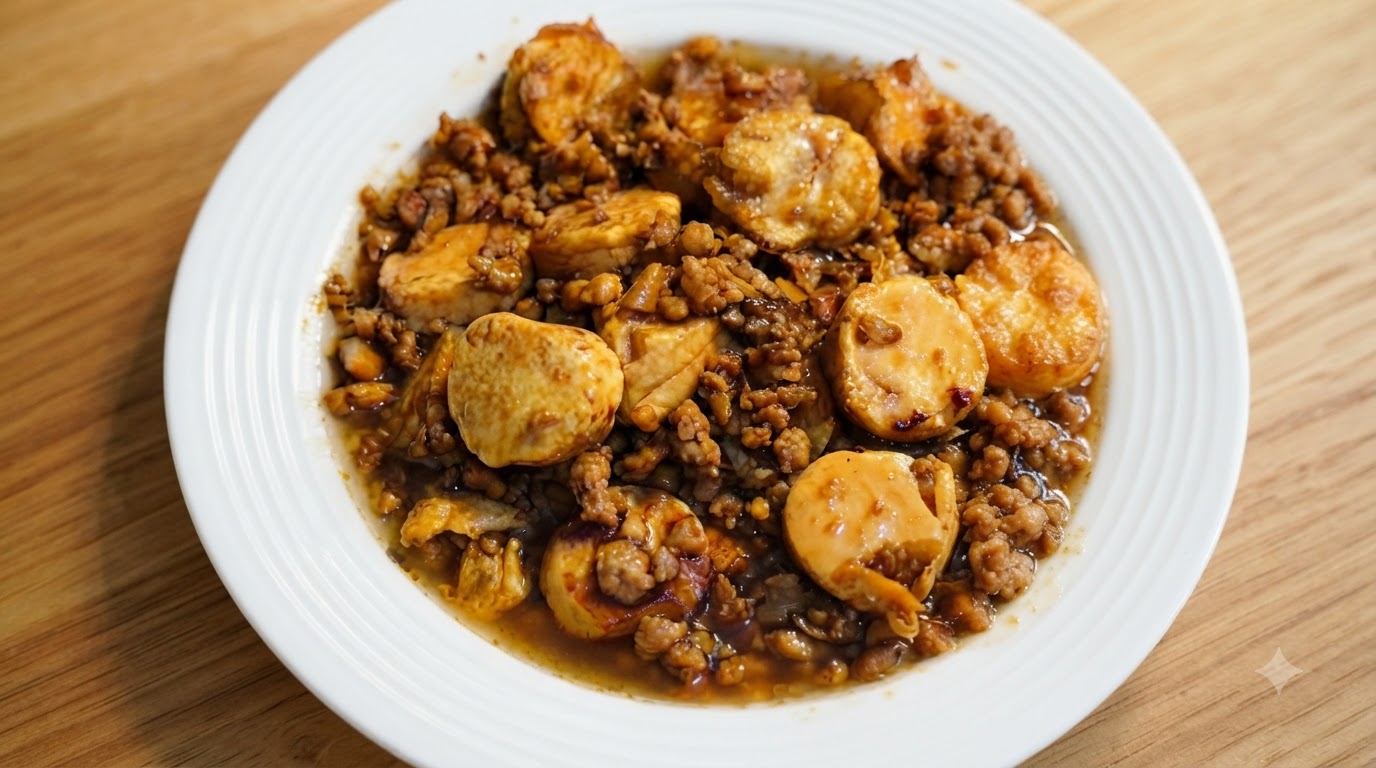 A white plate filled with golden-brown pan-fried Japanese tofu pieces simmered in a rich, glossy minced meat sauce.